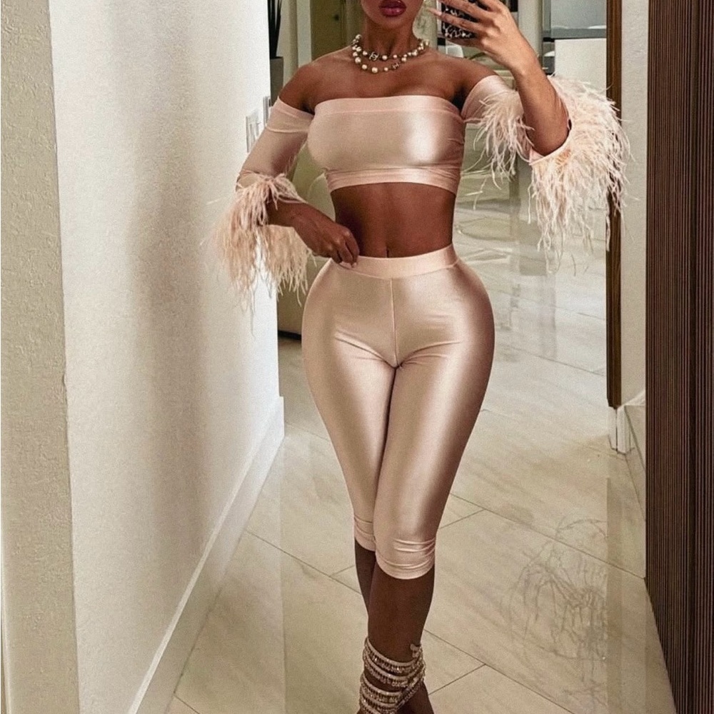 Soft pink feather sleeve crop top and pant set